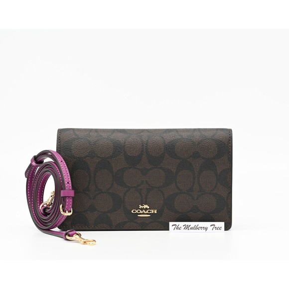 COACH ANNA Foldover Clutch Crossbody Signature Canvas Dark Magenta 3036 NWT $278 - Picture 1 of 9
